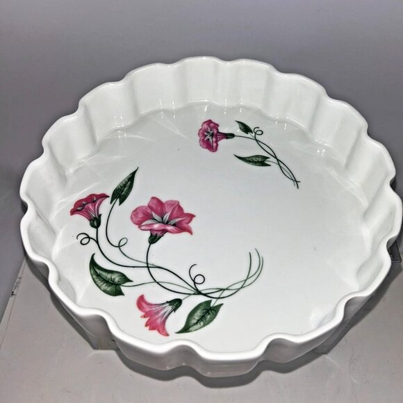 Frugier Limoges France Ceramic Fluted Tart Pan 10" MCM Morning Glory Flowers - Picture 1 of 11